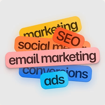 Stack of marketing tags: SEO, ads, email marketing