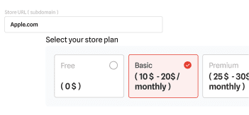Store URL and plan selection form